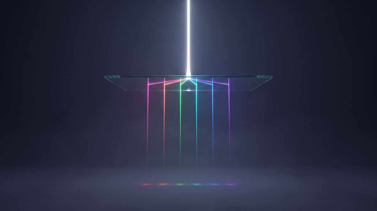 The beam: white light splitting through a glass pane into six colored strands
