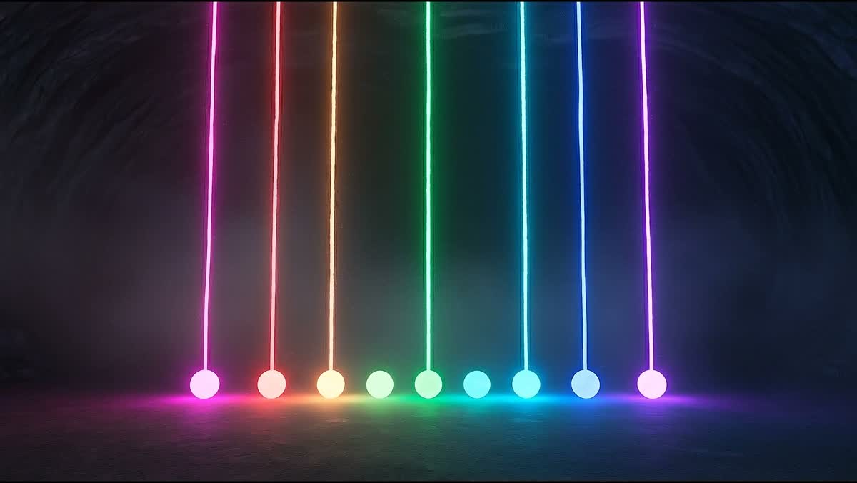 Neon descent: six ribbons of light running down a dark shaft