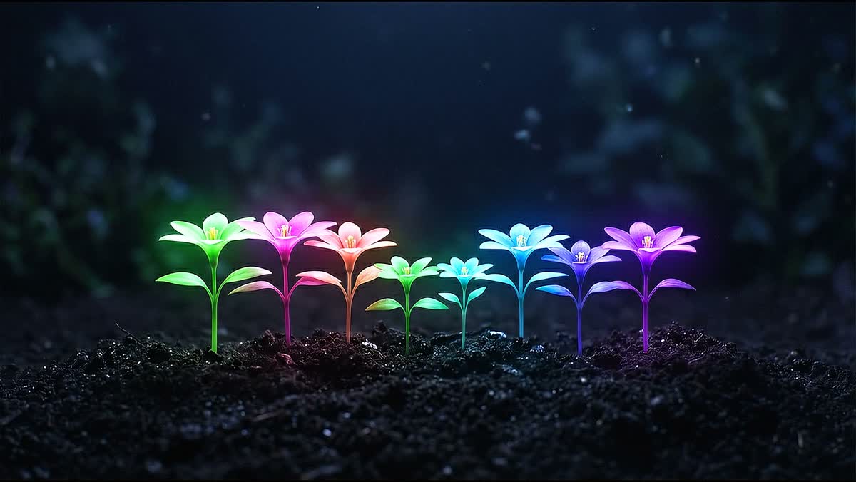 Night garden: bioluminescent blooms in dark soil