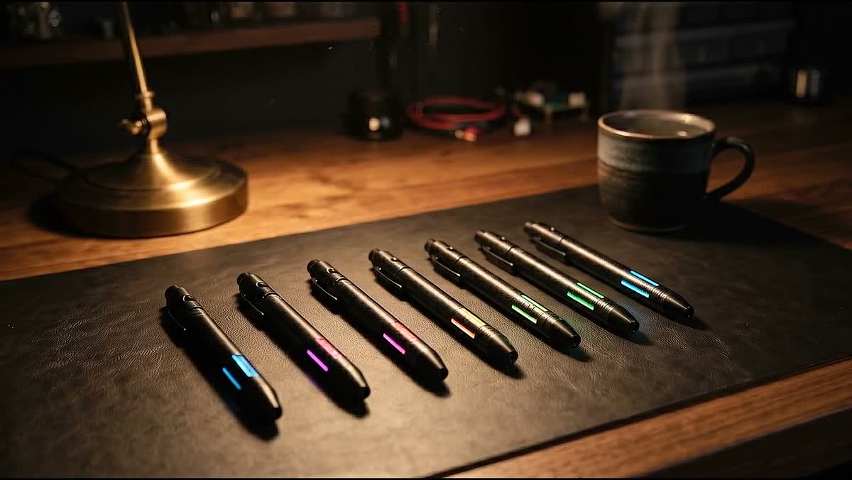 The workbench: machined instruments under a brass lamp