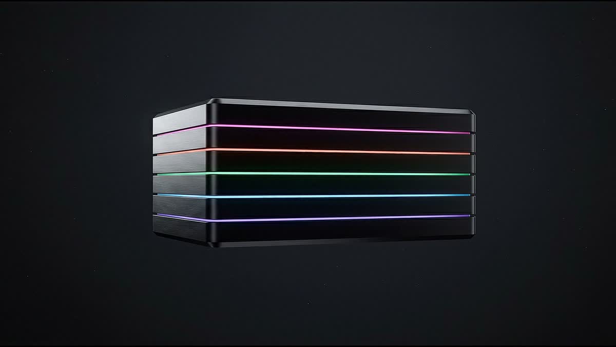 The monolith: six machined layers with colored seams