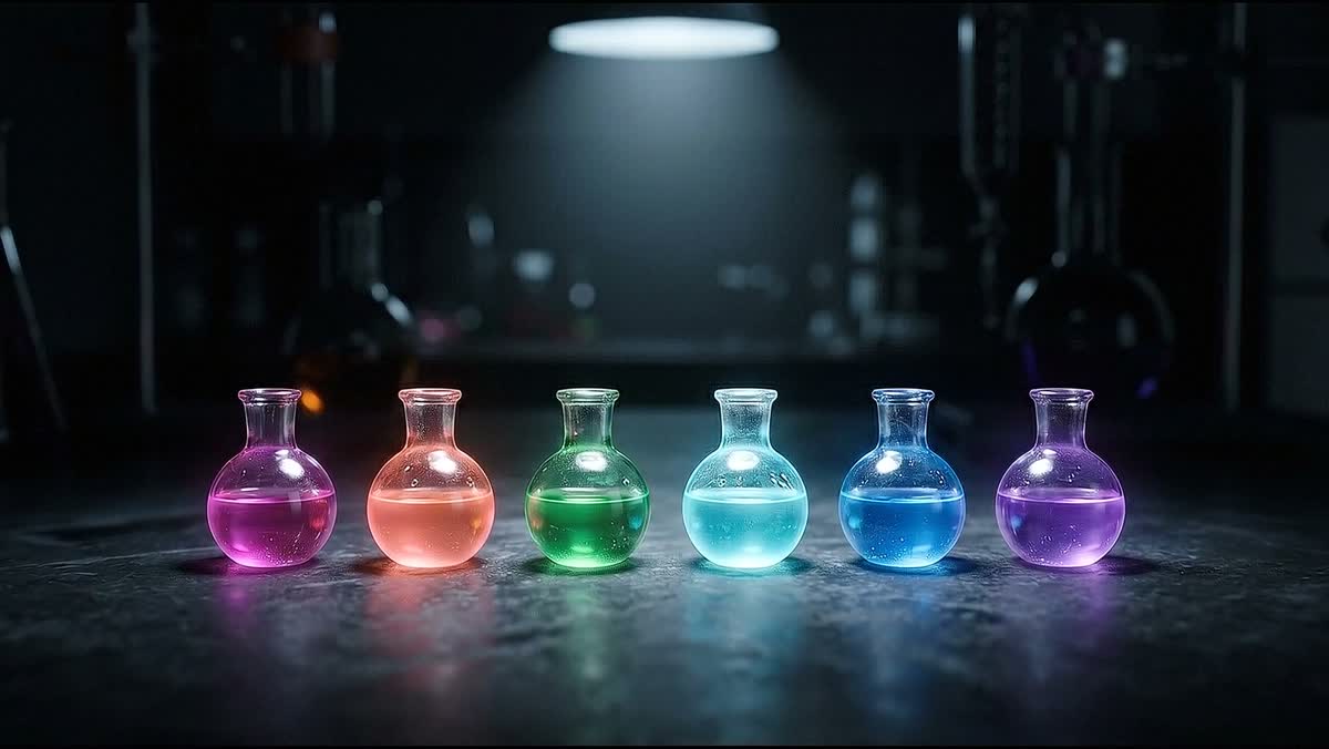 The winning frame: six glowing flasks in a row on a dark laboratory bench